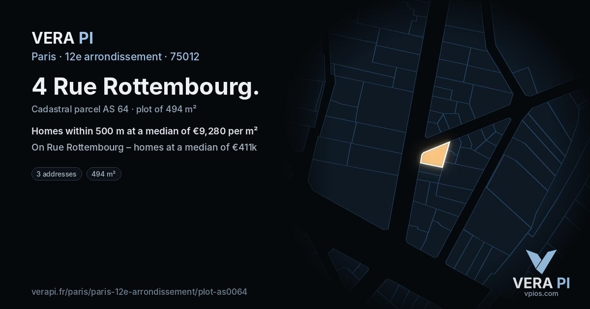 4 Rue Rottembourg, 12e arrondissement at night – the plot lit, the parcels around coloured by the prices near them