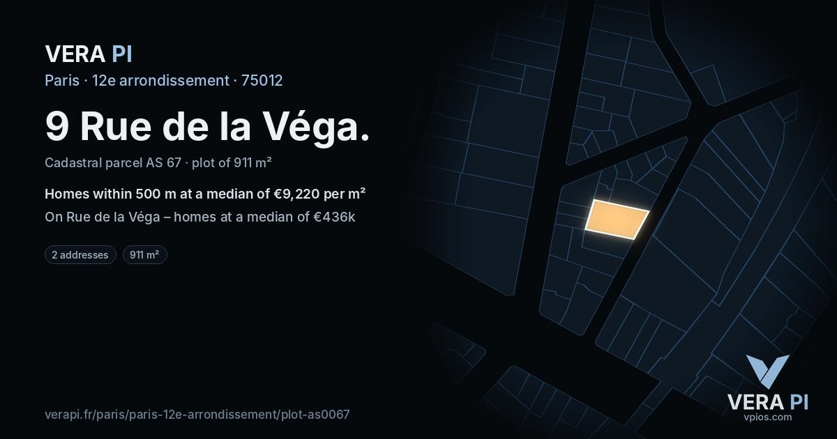9 Rue de la Véga, 12e arrondissement at night – the plot lit, the parcels around coloured by the prices near them