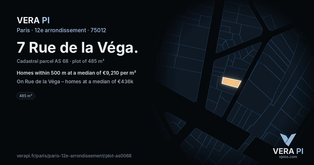 7 Rue de la Véga, 12e arrondissement at night – the plot lit, the parcels around coloured by the prices near them