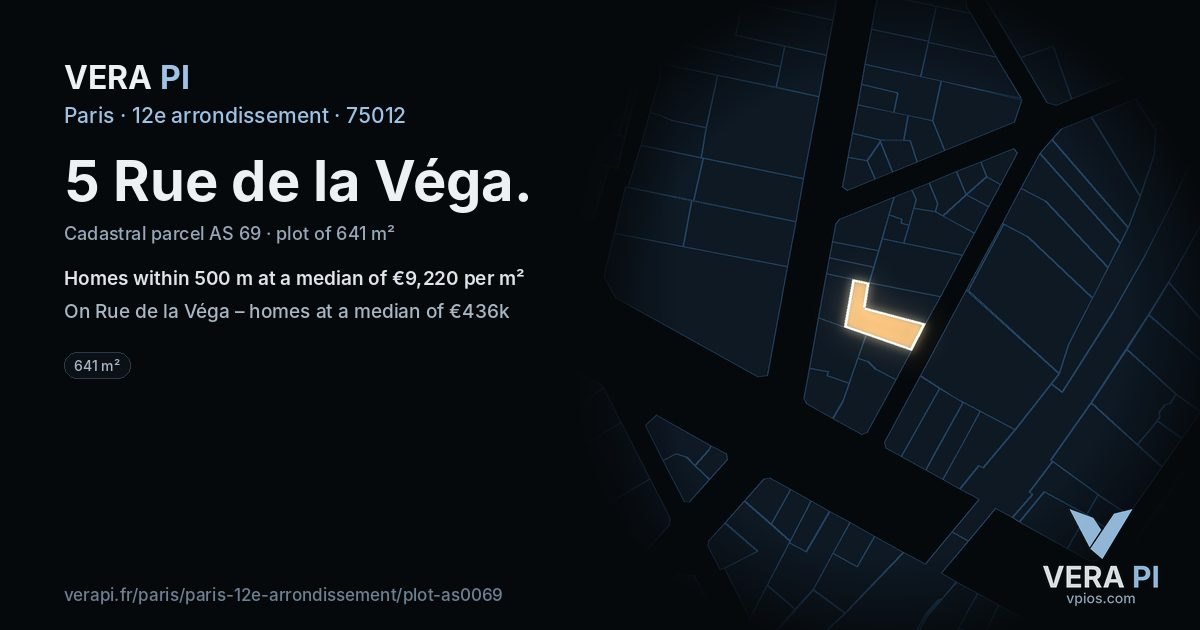 5 Rue de la Véga, 12e arrondissement at night – the plot lit, the parcels around coloured by the prices near them