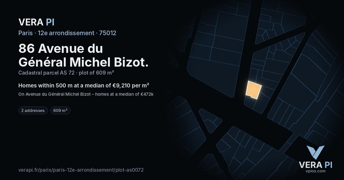 86 Avenue du Général Michel Bizot, 12e arrondissement at night – the plot lit, the parcels around coloured by the prices near them