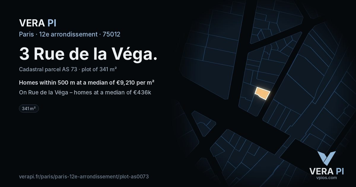 3 Rue de la Véga, 12e arrondissement at night – the plot lit, the parcels around coloured by the prices near them