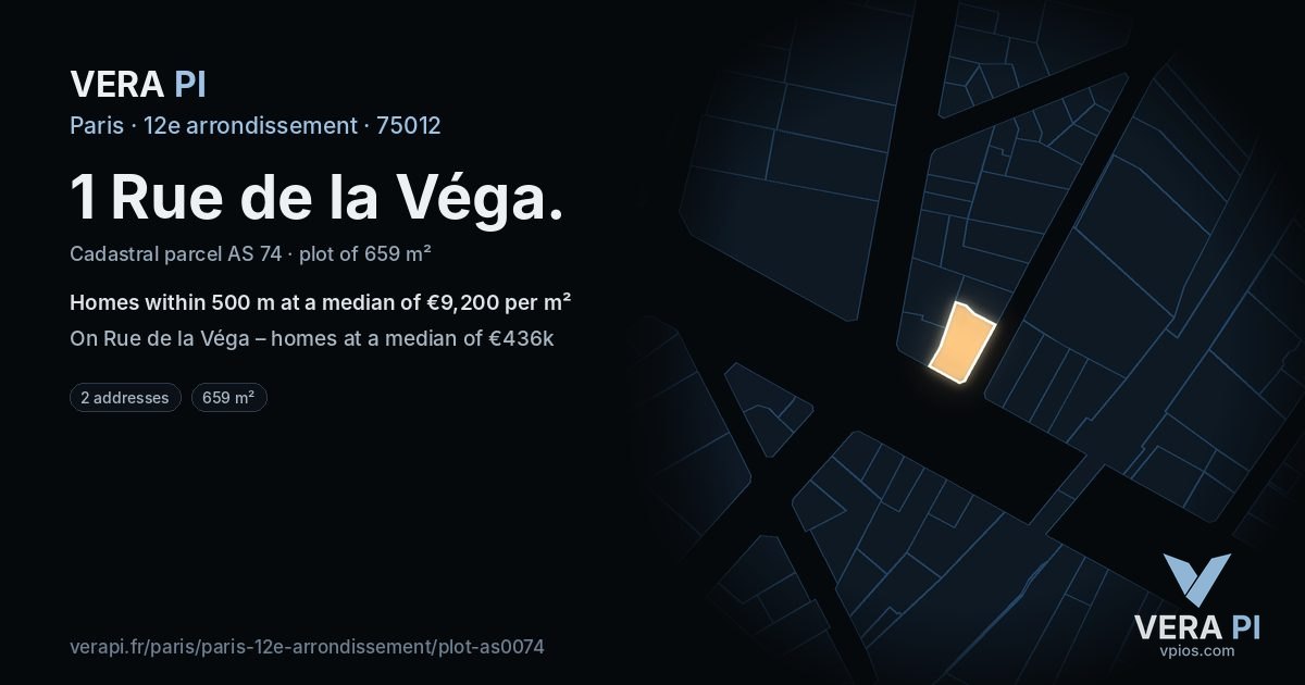 1 Rue de la Véga, 12e arrondissement at night – the plot lit, the parcels around coloured by the prices near them