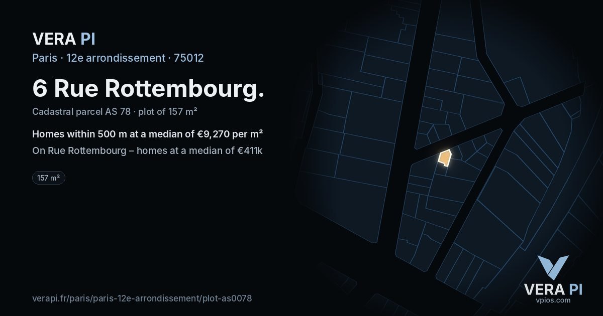 6 Rue Rottembourg, 12e arrondissement at night – the plot lit, the parcels around coloured by the prices near them