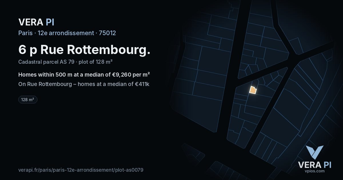 6 p Rue Rottembourg, 12e arrondissement at night – the plot lit, the parcels around coloured by the prices near them