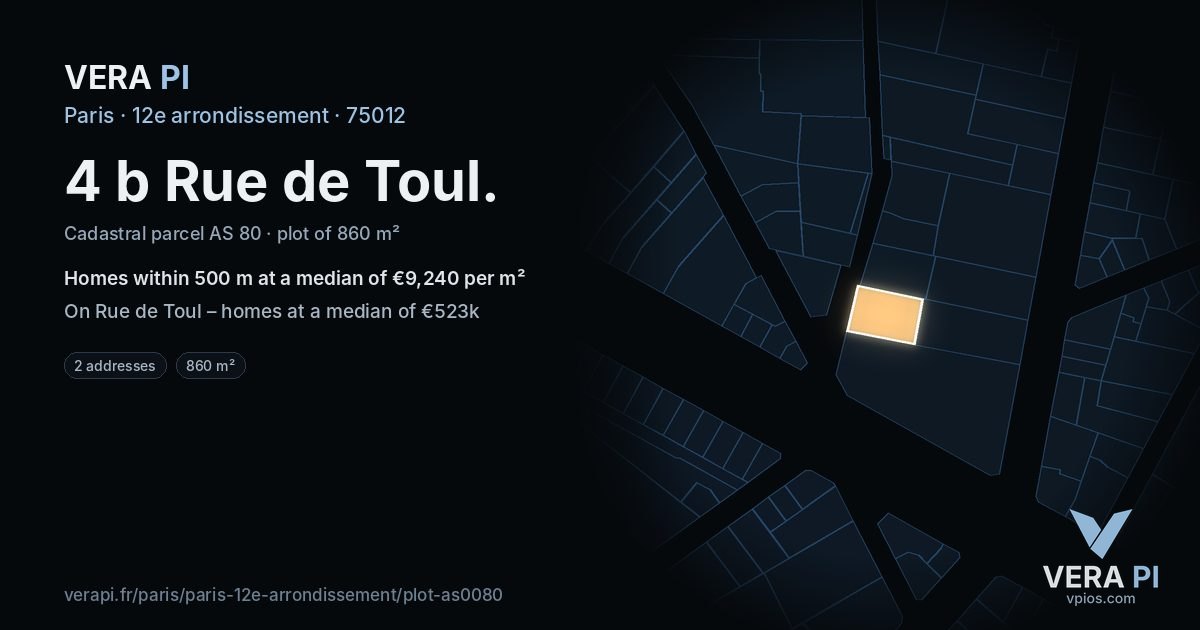 4 b Rue de Toul, 12e arrondissement at night – the plot lit, the parcels around coloured by the prices near them