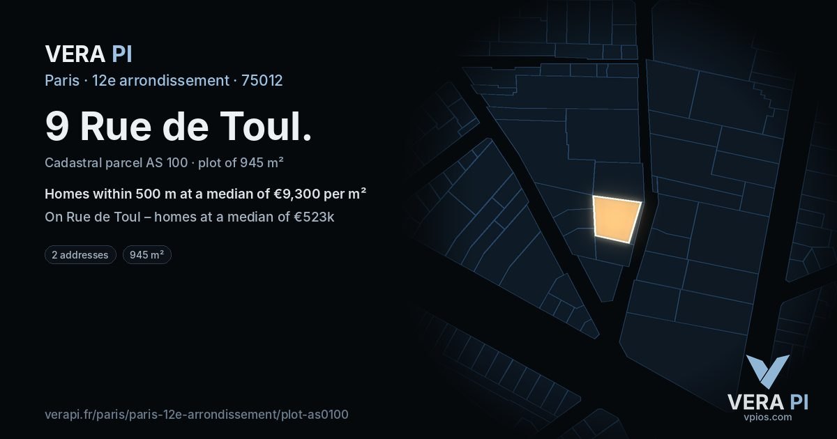 9 Rue de Toul, 12e arrondissement at night – the plot lit, the parcels around coloured by the prices near them