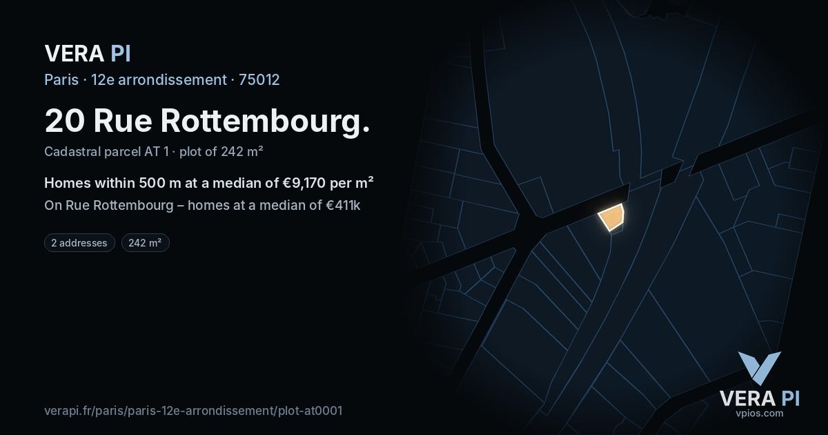 20 Rue Rottembourg, 12e arrondissement at night – the plot lit, the parcels around coloured by the prices near them