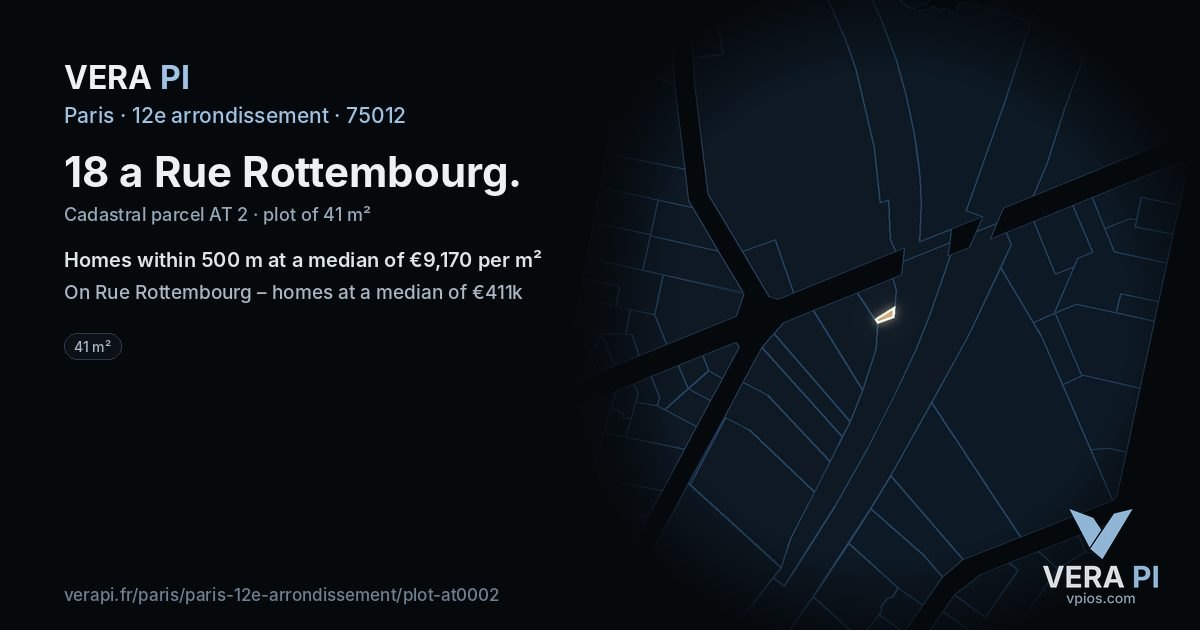 18 a Rue Rottembourg, 12e arrondissement at night – the plot lit, the parcels around coloured by the prices near them
