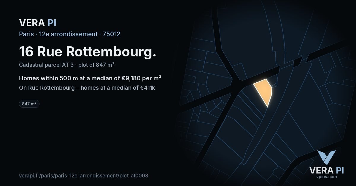 16 Rue Rottembourg, 12e arrondissement at night – the plot lit, the parcels around coloured by the prices near them