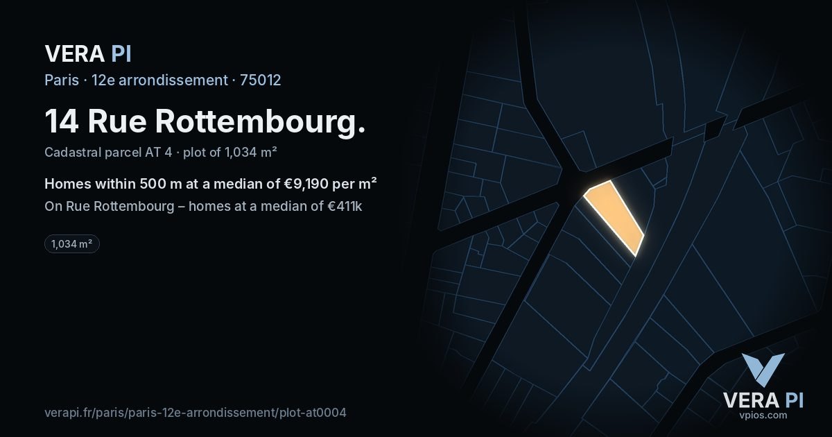14 Rue Rottembourg, 12e arrondissement at night – the plot lit, the parcels around coloured by the prices near them
