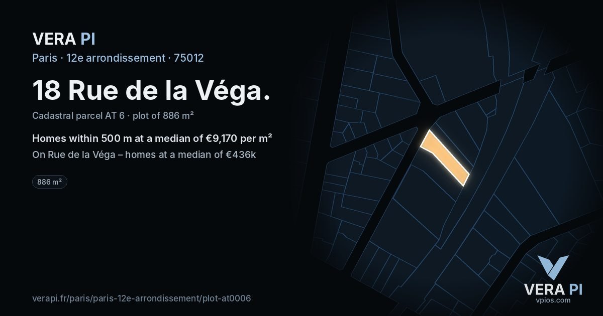 18 Rue de la Véga, 12e arrondissement at night – the plot lit, the parcels around coloured by the prices near them