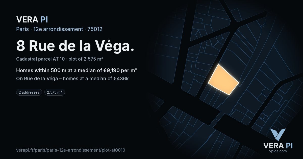 8 Rue de la Véga, 12e arrondissement at night – the plot lit, the parcels around coloured by the prices near them