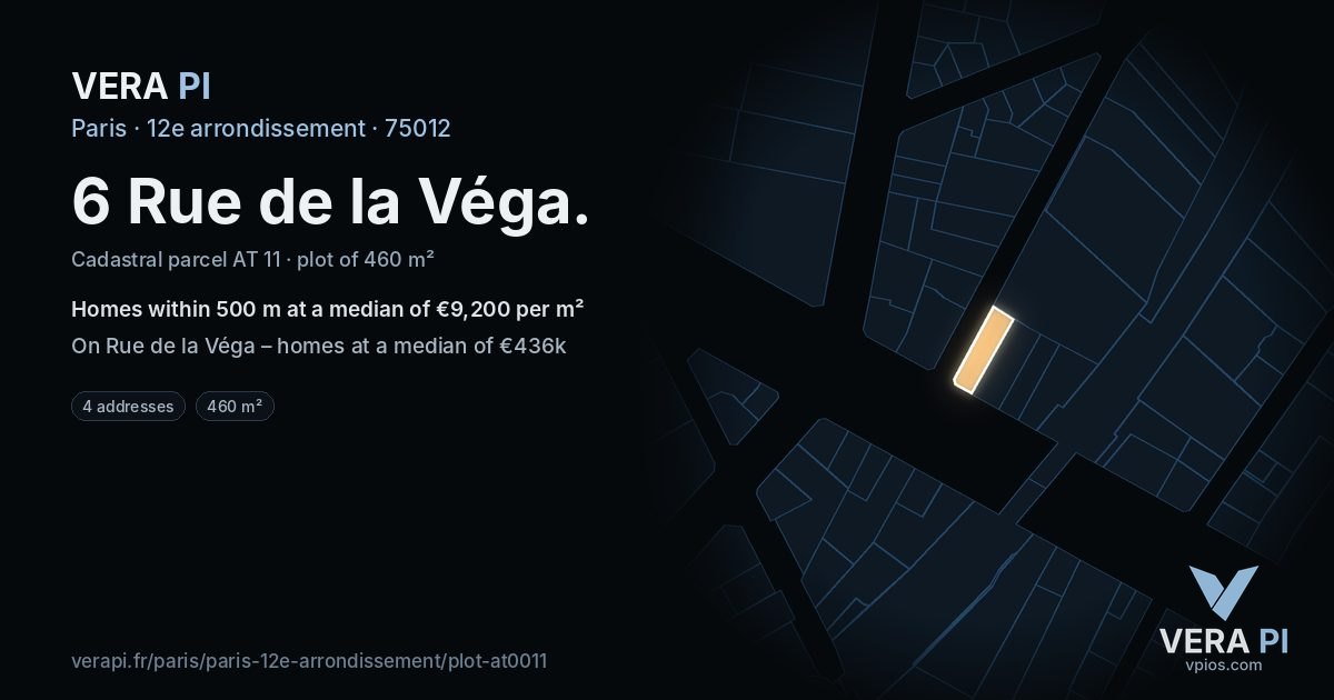 6 Rue de la Véga, 12e arrondissement at night – the plot lit, the parcels around coloured by the prices near them