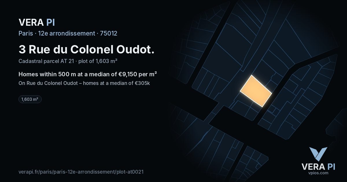 3 Rue du Colonel Oudot, 12e arrondissement at night – the plot lit, the parcels around coloured by the prices near them