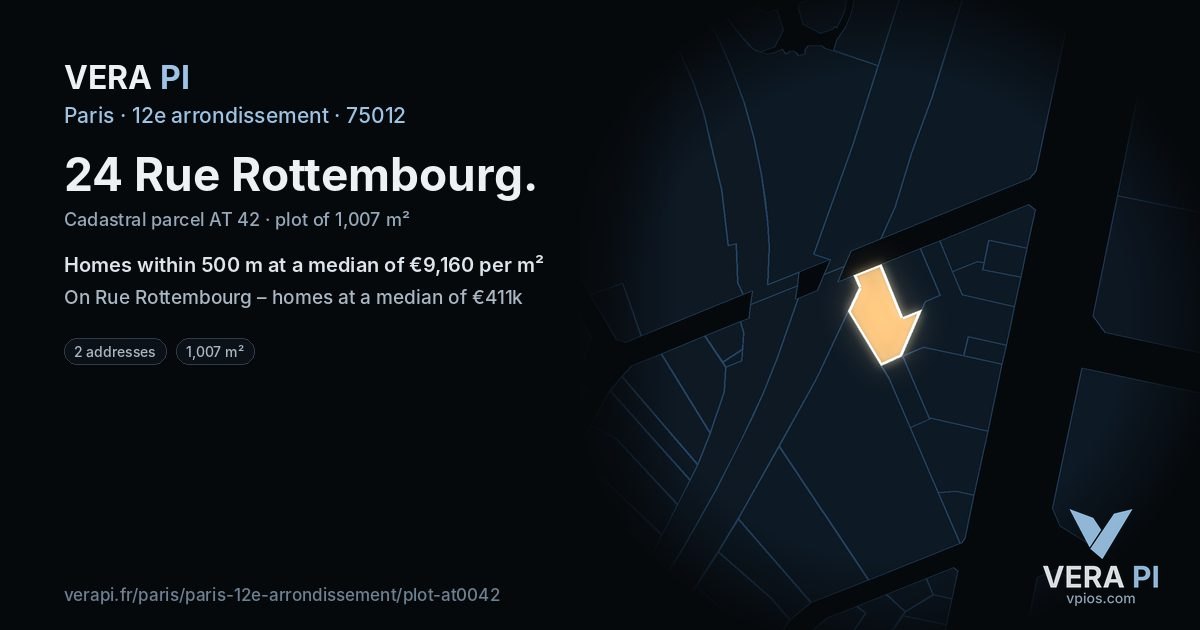 24 Rue Rottembourg, 12e arrondissement at night – the plot lit, the parcels around coloured by the prices near them