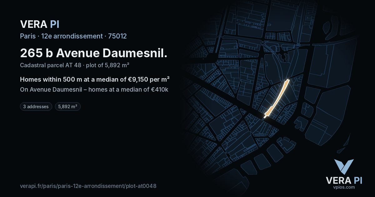 265 b Avenue Daumesnil, 12e arrondissement at night – the plot lit, the parcels around coloured by the prices near them