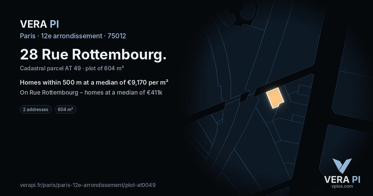 28 Rue Rottembourg, 12e arrondissement at night – the plot lit, the parcels around coloured by the prices near them
