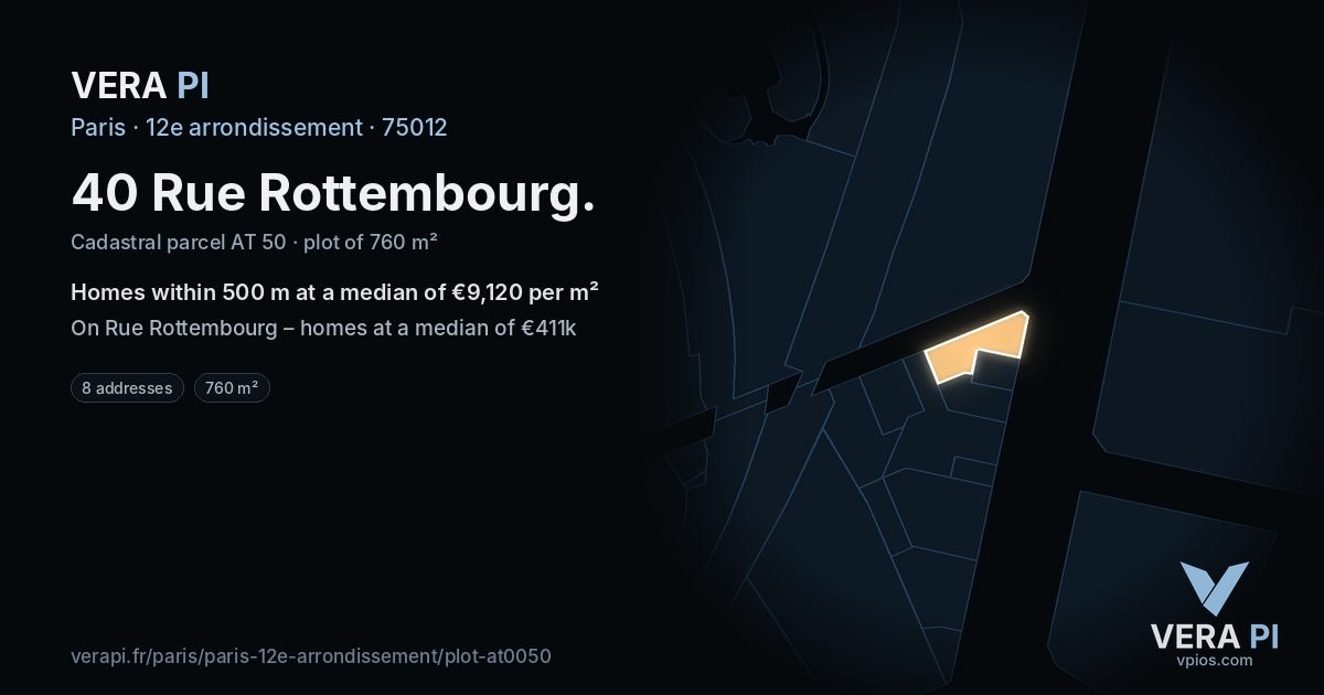 40 Rue Rottembourg, 12e arrondissement at night – the plot lit, the parcels around coloured by the prices near them