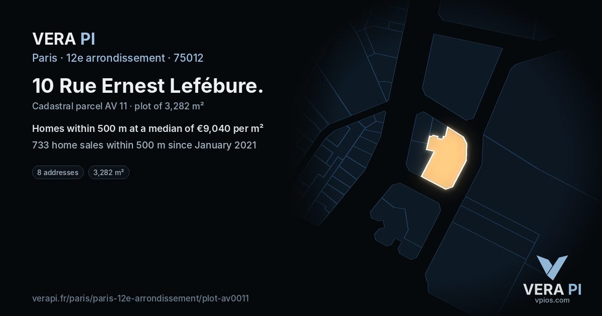 10 Rue Ernest Lefébure, 12e arrondissement at night – the plot lit, the parcels around coloured by the prices near them