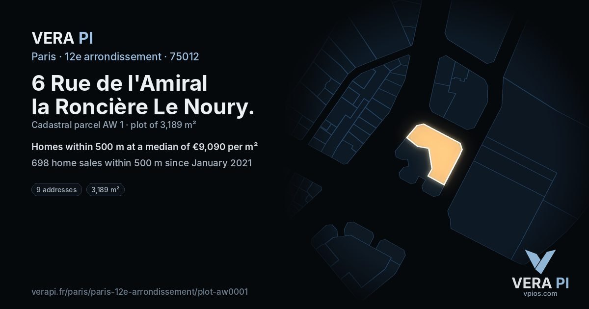 6 Rue de l'Amiral la Roncière Le Noury, 12e arrondissement at night – the plot lit, the parcels around coloured by the prices near them