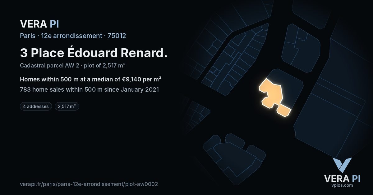 3 Place Édouard Renard, 12e arrondissement at night – the plot lit, the parcels around coloured by the prices near them