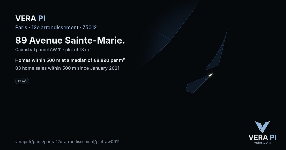 89 Avenue Sainte-Marie, 12e arrondissement at night – the plot lit, the parcels around coloured by the prices near them