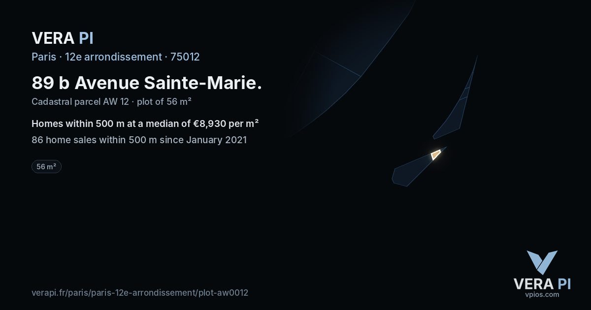 89 b Avenue Sainte-Marie, 12e arrondissement at night – the plot lit, the parcels around coloured by the prices near them