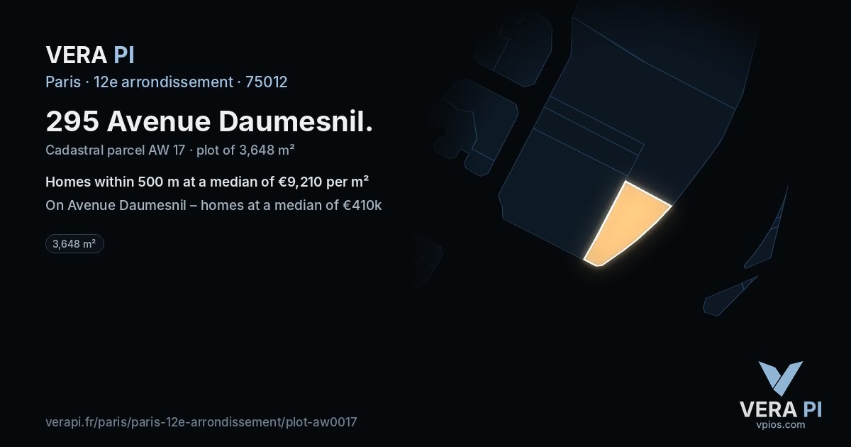295 Avenue Daumesnil, 12e arrondissement at night – the plot lit, the parcels around coloured by the prices near them