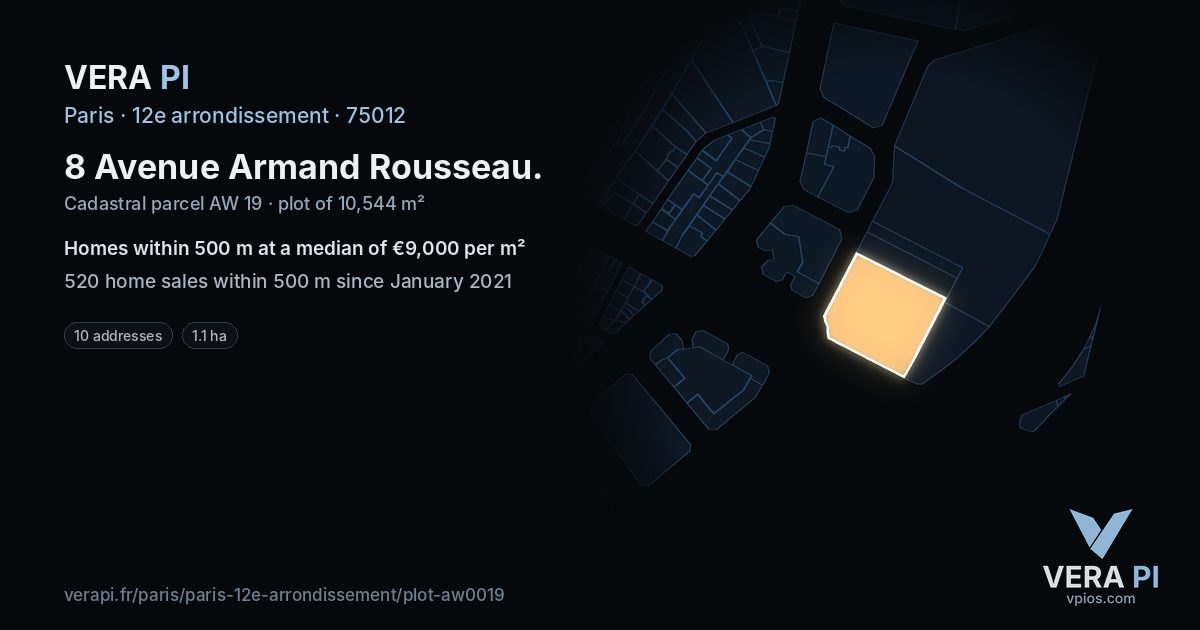 8 Avenue Armand Rousseau, 12e arrondissement at night – the plot lit, the parcels around coloured by the prices near them