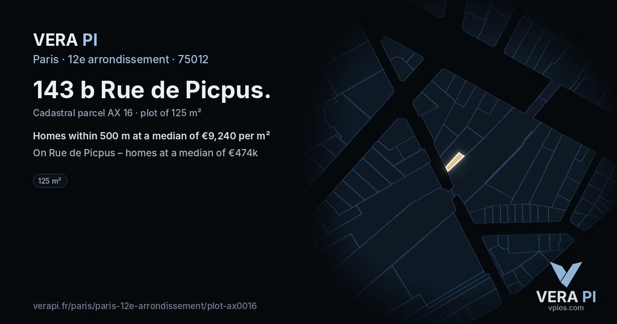 143 b Rue de Picpus, 12e arrondissement at night – the plot lit, the parcels around coloured by the prices near them