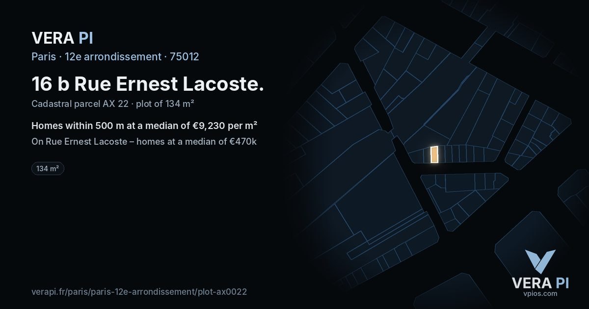 16 b Rue Ernest Lacoste, 12e arrondissement at night – the plot lit, the parcels around coloured by the prices near them