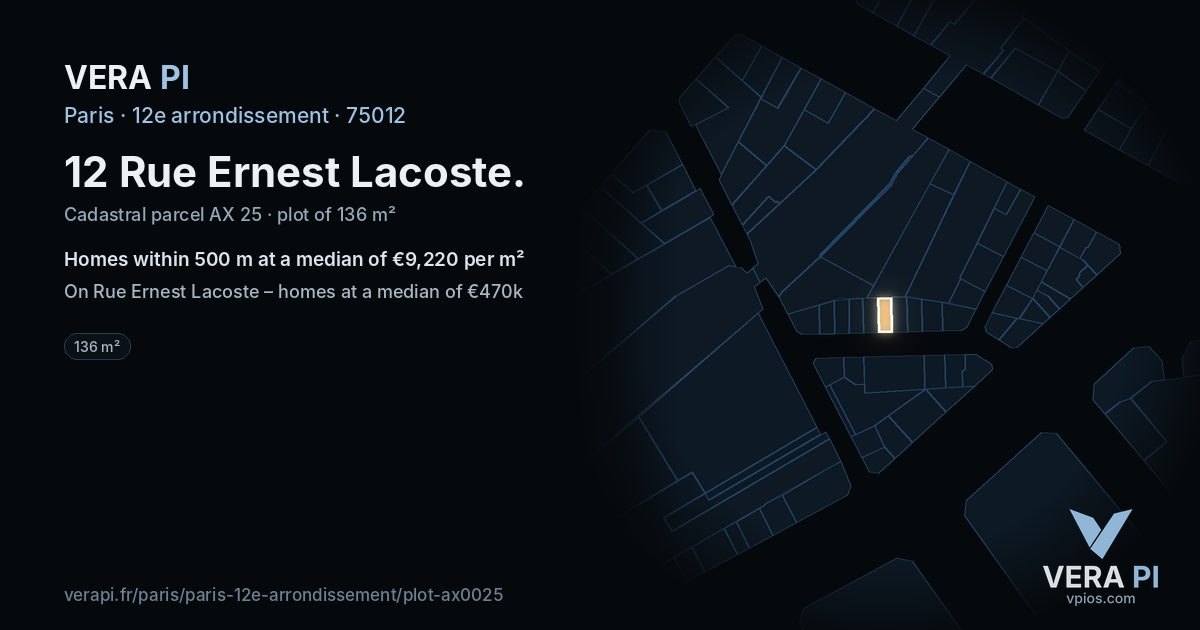 12 Rue Ernest Lacoste, 12e arrondissement at night – the plot lit, the parcels around coloured by the prices near them