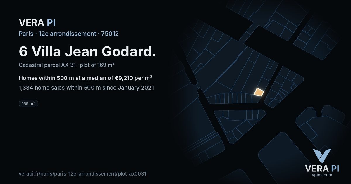 6 Villa Jean Godard, 12e arrondissement at night – the plot lit, the parcels around coloured by the prices near them