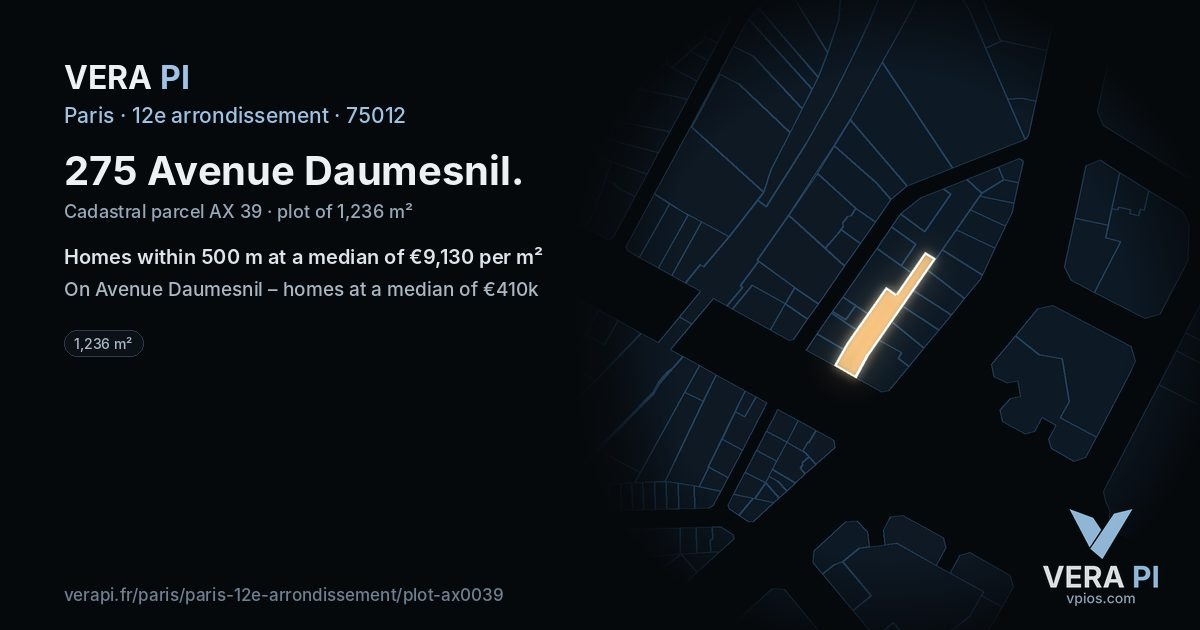 275 Avenue Daumesnil, 12e arrondissement at night – the plot lit, the parcels around coloured by the prices near them