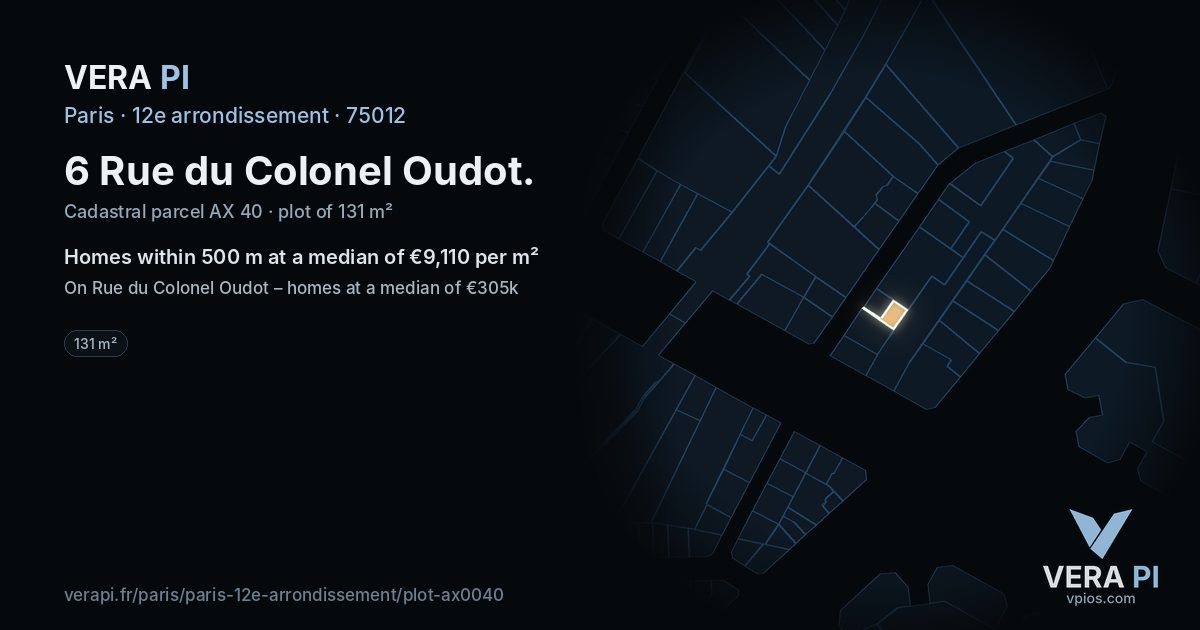 6 Rue du Colonel Oudot, 12e arrondissement at night – the plot lit, the parcels around coloured by the prices near them