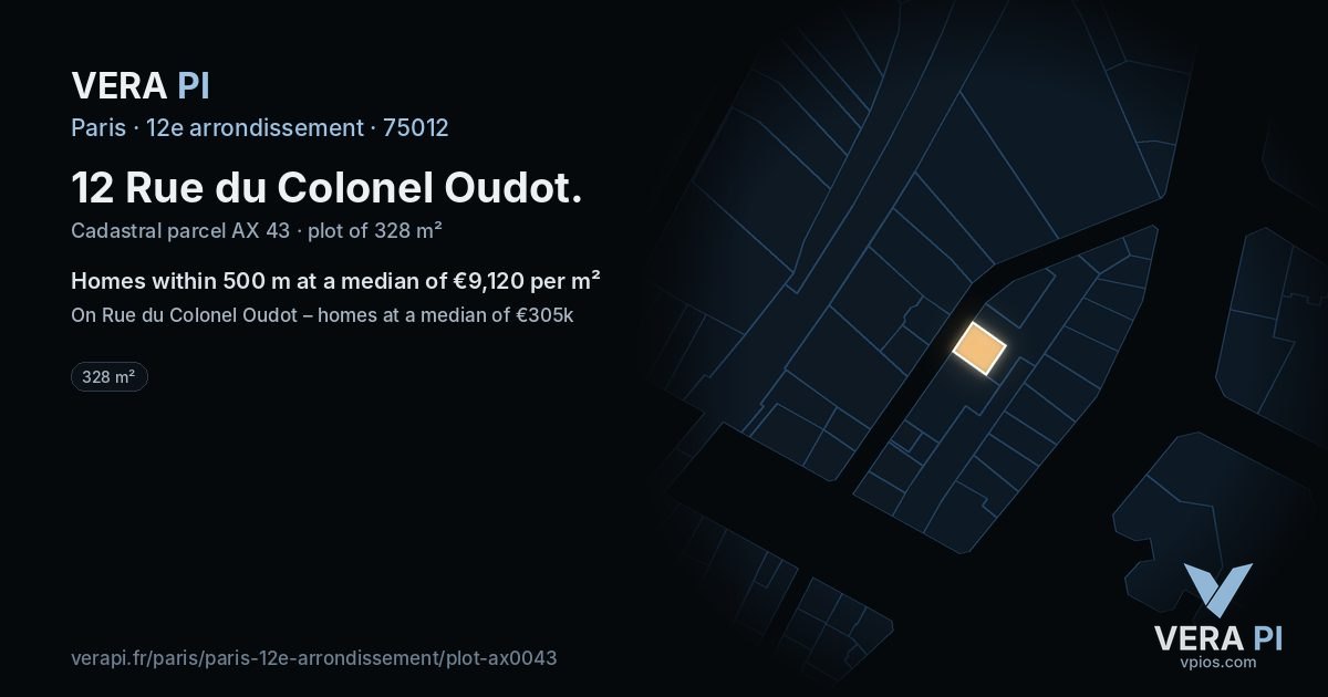 12 Rue du Colonel Oudot, 12e arrondissement at night – the plot lit, the parcels around coloured by the prices near them
