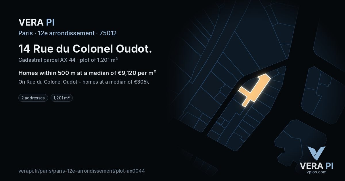 14 Rue du Colonel Oudot, 12e arrondissement at night – the plot lit, the parcels around coloured by the prices near them
