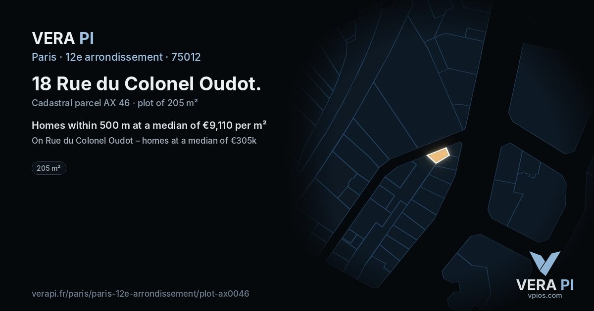 18 Rue du Colonel Oudot, 12e arrondissement at night – the plot lit, the parcels around coloured by the prices near them