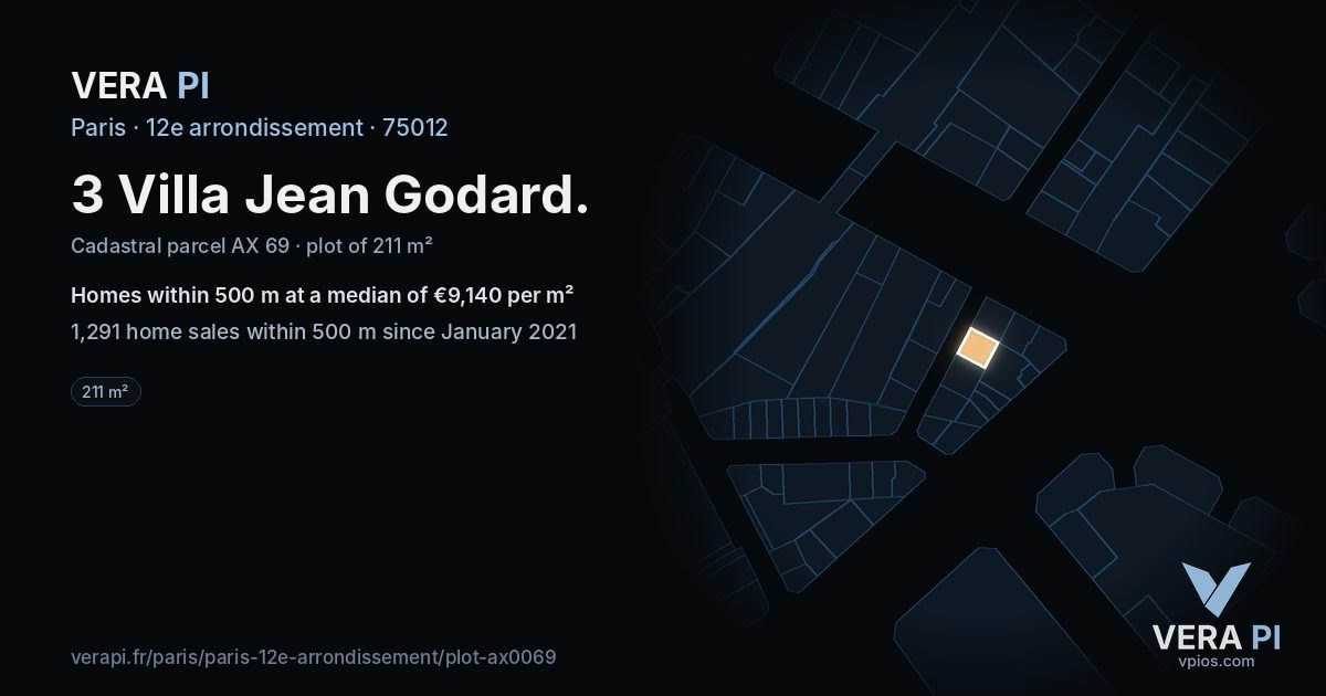 3 Villa Jean Godard, 12e arrondissement at night – the plot lit, the parcels around coloured by the prices near them