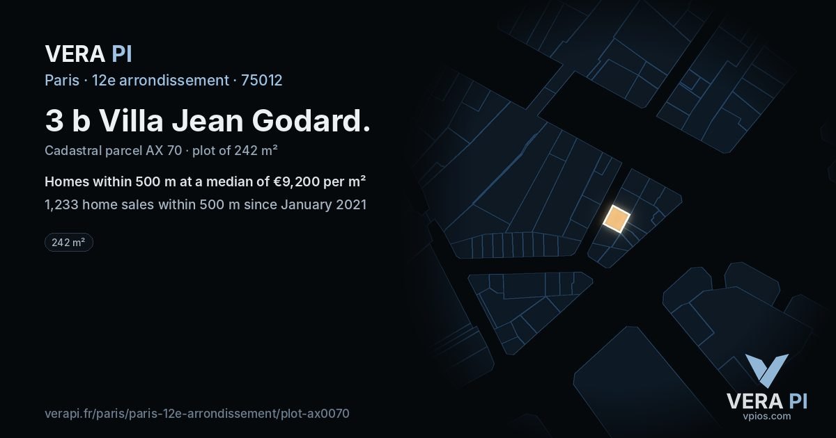 3 b Villa Jean Godard, 12e arrondissement at night – the plot lit, the parcels around coloured by the prices near them