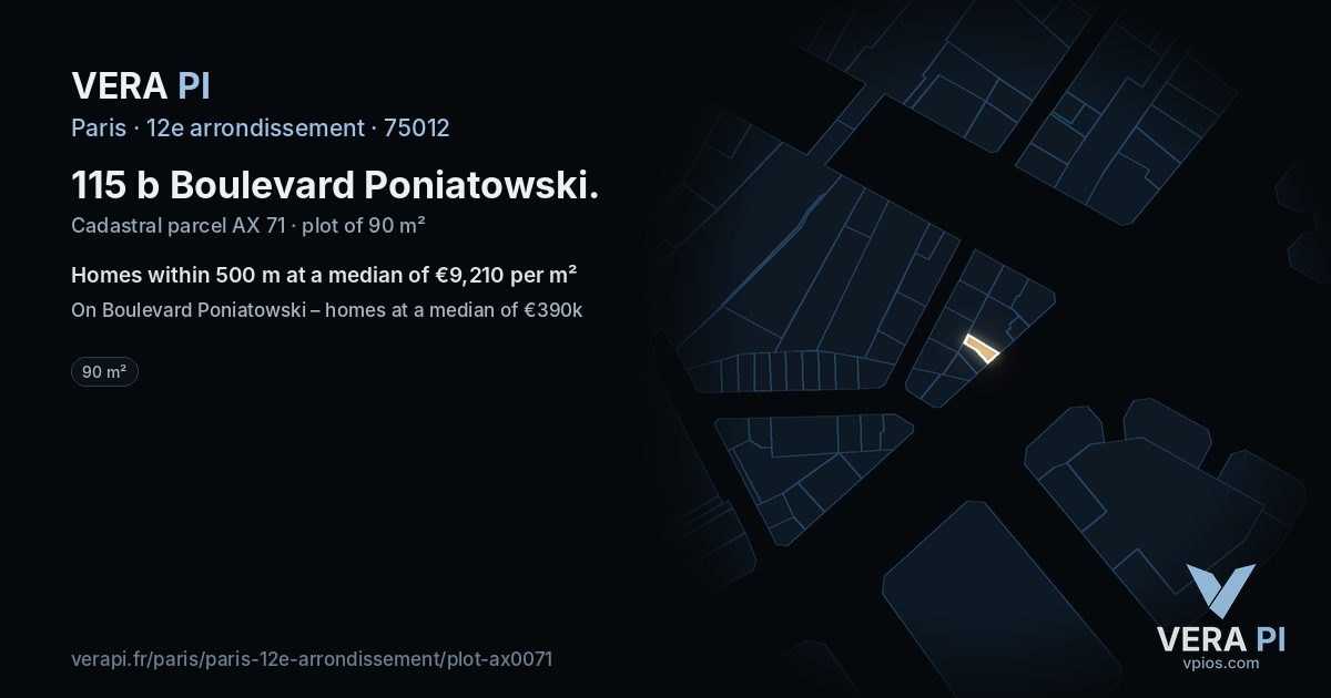 115 b Boulevard Poniatowski, 12e arrondissement at night – the plot lit, the parcels around coloured by the prices near them