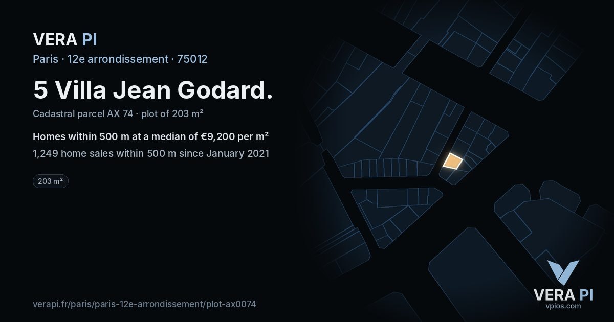 5 Villa Jean Godard, 12e arrondissement at night – the plot lit, the parcels around coloured by the prices near them