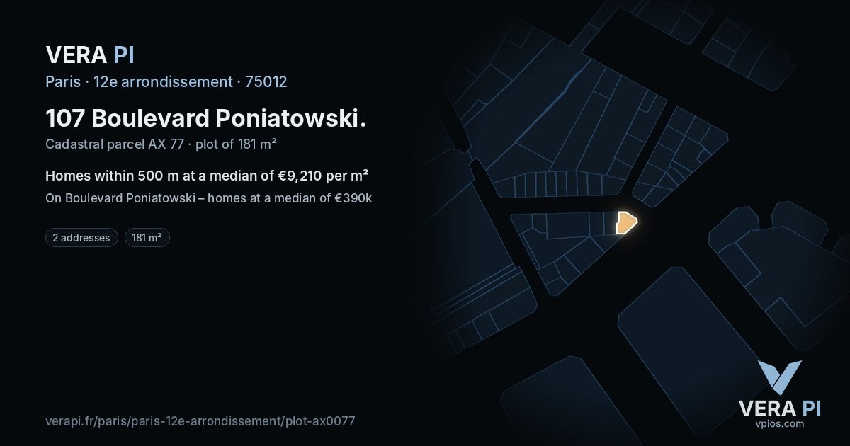107 Boulevard Poniatowski, 12e arrondissement at night – the plot lit, the parcels around coloured by the prices near them