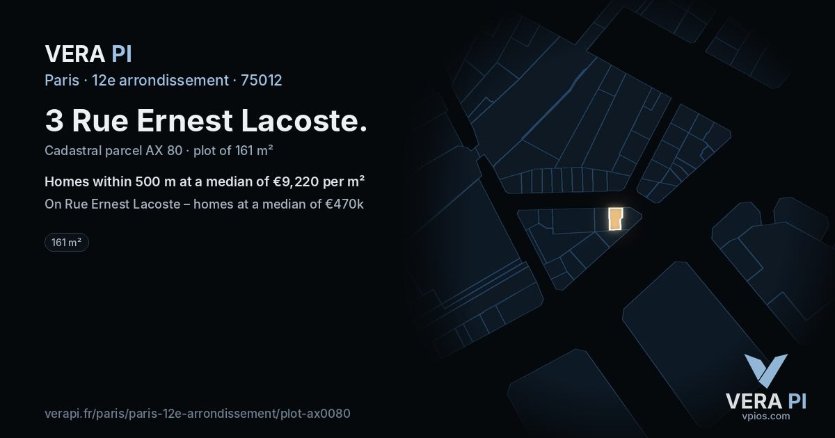 3 Rue Ernest Lacoste, 12e arrondissement at night – the plot lit, the parcels around coloured by the prices near them