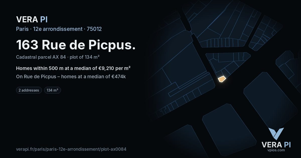 163 Rue de Picpus, 12e arrondissement at night – the plot lit, the parcels around coloured by the prices near them