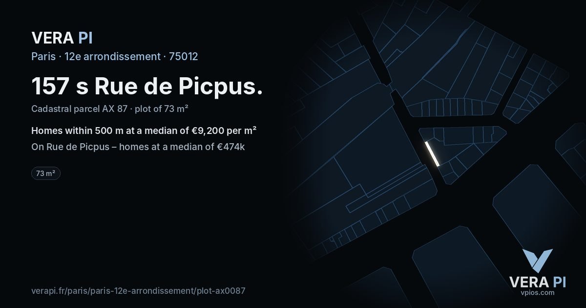 157 s Rue de Picpus, 12e arrondissement at night – the plot lit, the parcels around coloured by the prices near them