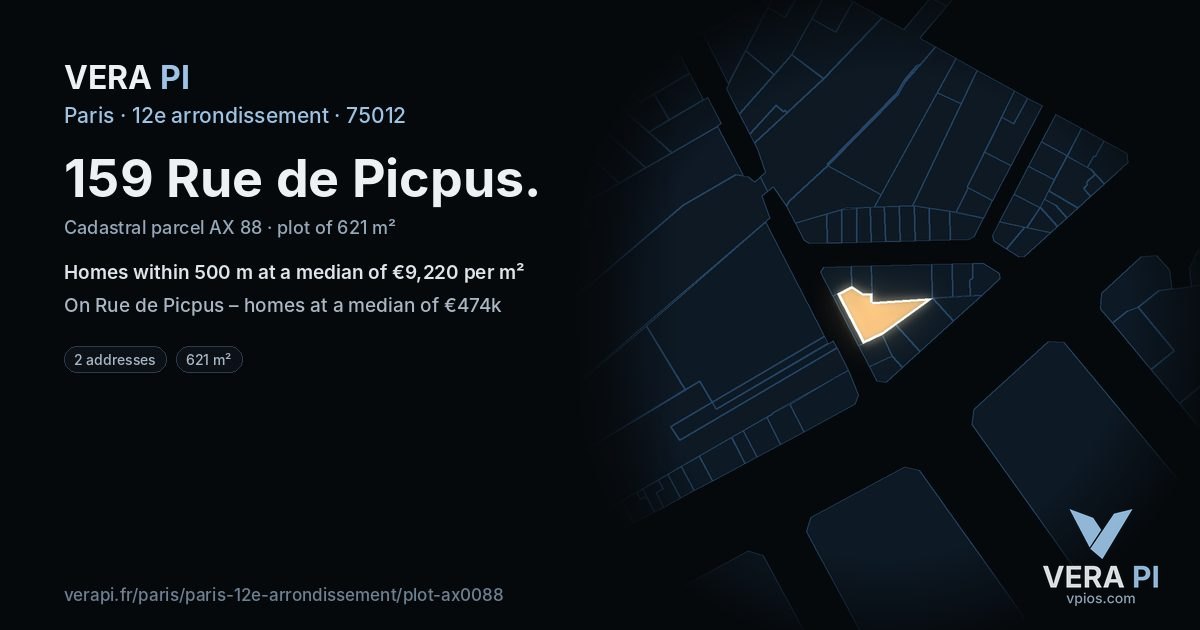 159 Rue de Picpus, 12e arrondissement at night – the plot lit, the parcels around coloured by the prices near them