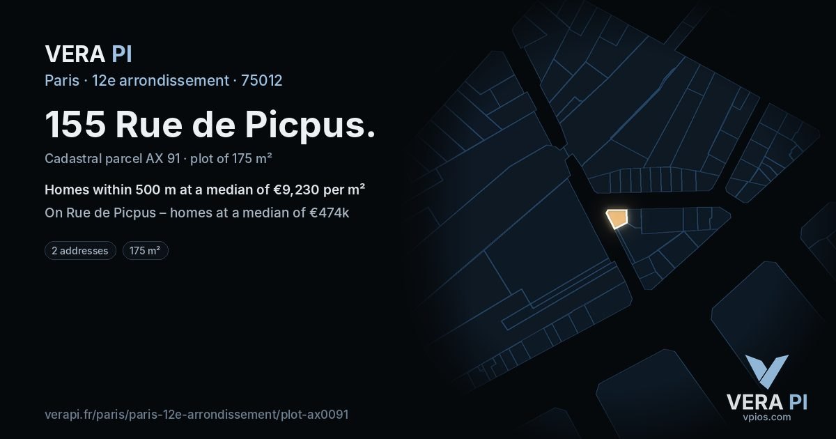 155 Rue de Picpus, 12e arrondissement at night – the plot lit, the parcels around coloured by the prices near them