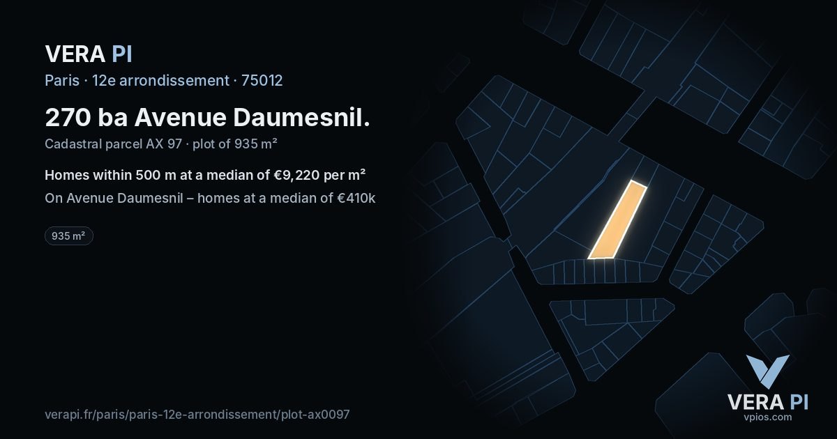 270 ba Avenue Daumesnil, 12e arrondissement at night – the plot lit, the parcels around coloured by the prices near them